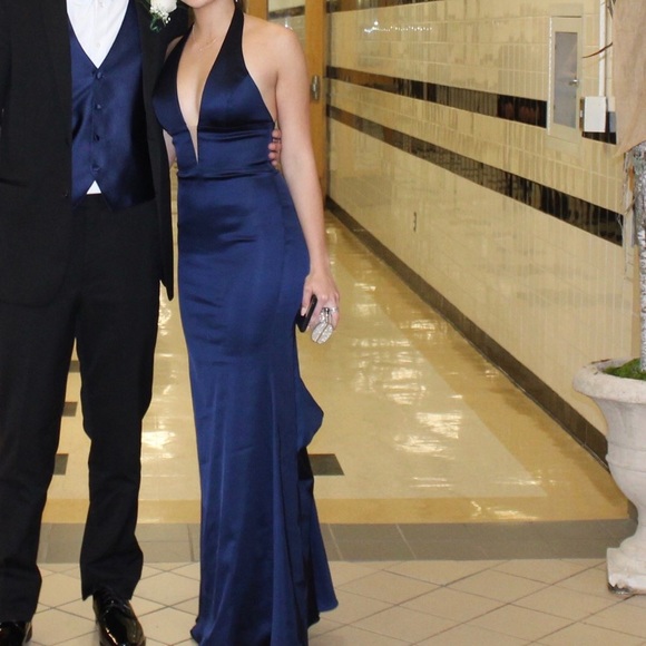 Sherri Hill Navy Blue Satin Prom Dress in Size